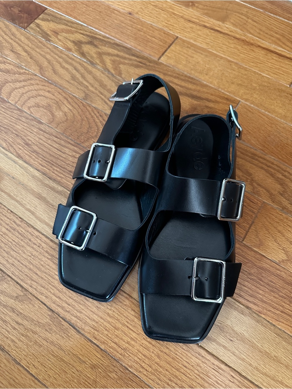 Aeyde Thekla Black Double-Buckle Leather Sandals